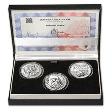 Náhled - BOHUMIL HRABAL – návrhy mince 200 Kč - sada 3x stříbro 34mm patina