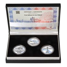 Náhled - PRVNÍ DÁLKOVÝ LET JANA KAŠPARA – návrhy mince 200 Kč - sada 3x stříbro 34mm patina